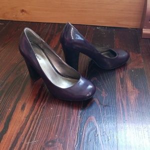 Eggplant block heels.